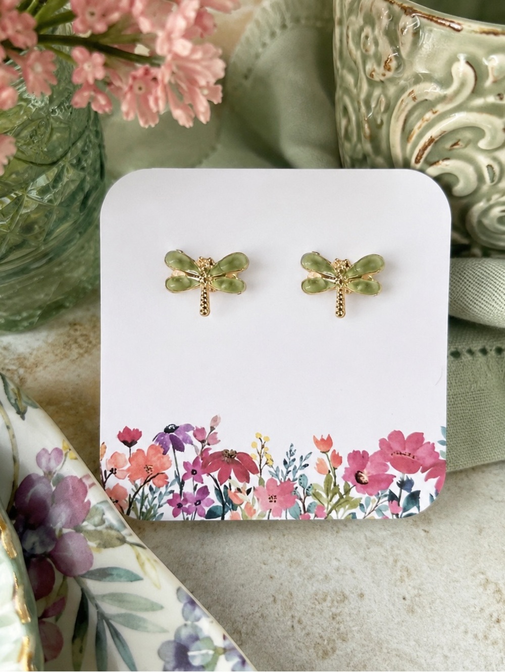 Handmade Green Dragonfly Stud Earrings | New